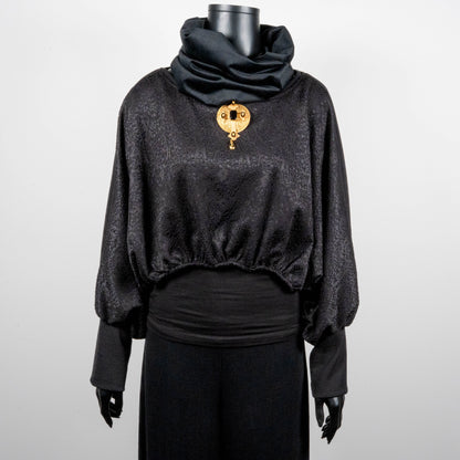 Black bonded lace jacquard top with batwing sleeves layering top gold cross necklace on black onyx beads black velevt loop scarf made in Melbourne Eloise the label