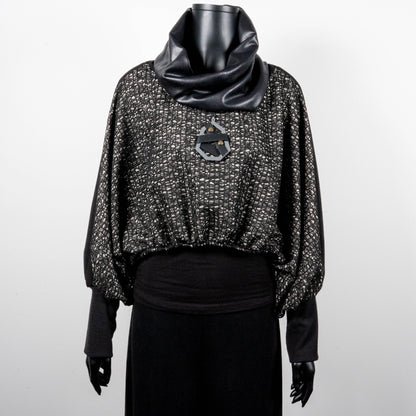 Black mesh jacquard top with bat wing sleeves and gathered hemline black rubber necklace faux leather loop scarf made in Melbourne Eloise the label