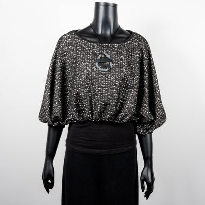 Black mesh jacquard top with bat wing sleeves and gathered hemline black rubber necklace made in Melbourne Eloise the label