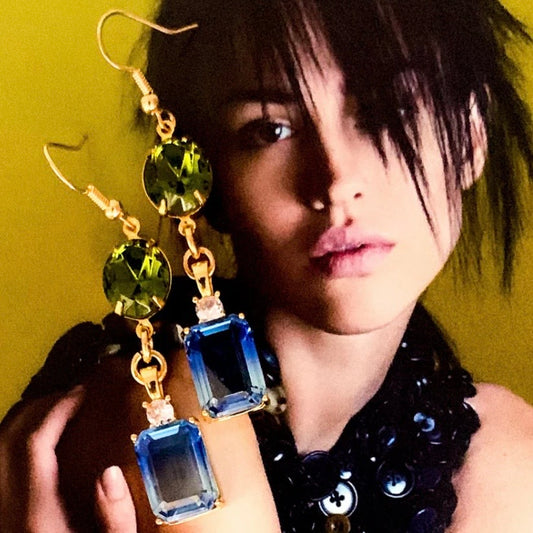 Sapphire blue and olive green crystal drop earrings Melbourne made Eloise the label