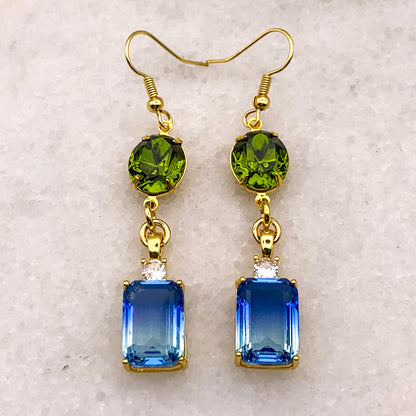 Sapphire blue and olive green crystal drop earrings Melbourne made Eloise the label