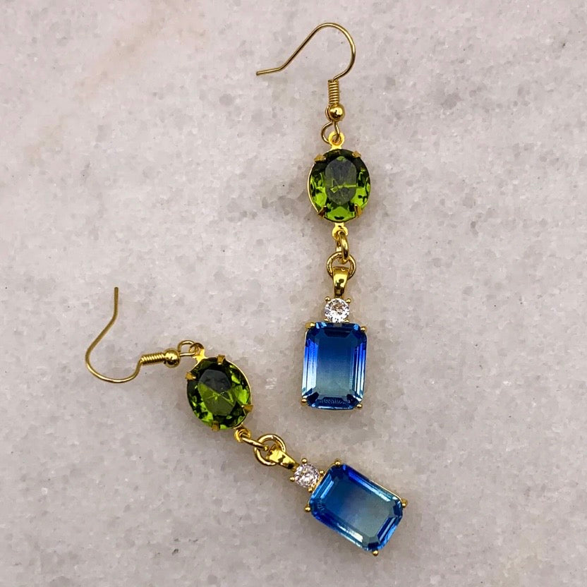 Sapphire blue and olive green crystal drop earrings Melbourne made Eloise the label