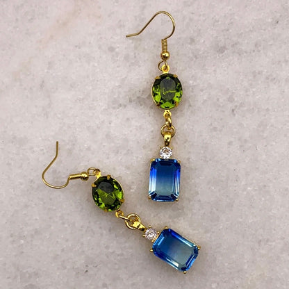 Sapphire blue and olive green crystal drop earrings Melbourne made Eloise the label