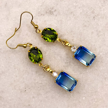 Sapphire blue and olive green crystal drop earrings Melbourne made Eloise the label