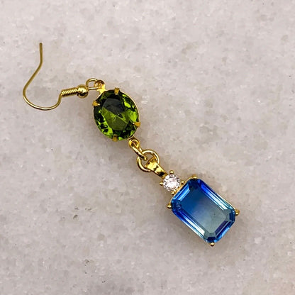Sapphire blue and olive green crystal drop earrings Melbourne made Eloise the label