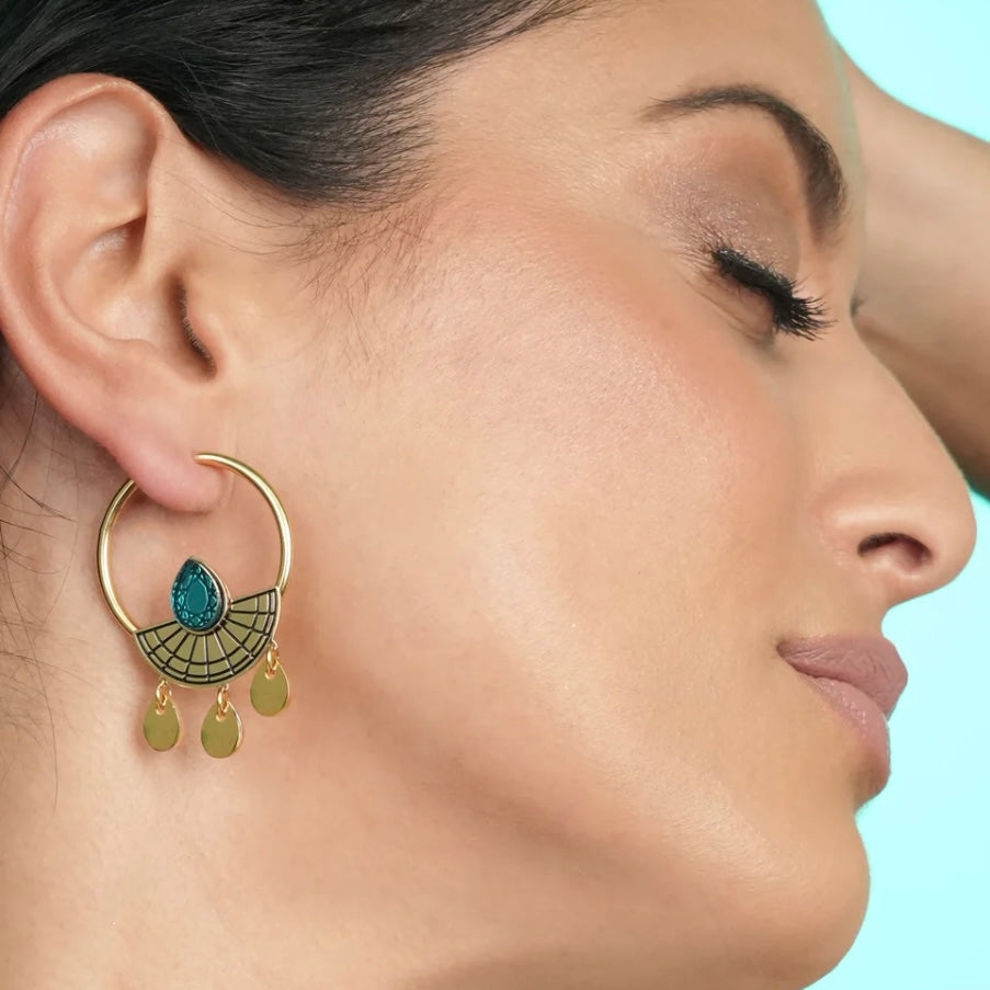 Sunburst Hoop Earrings  - Gold and Teal