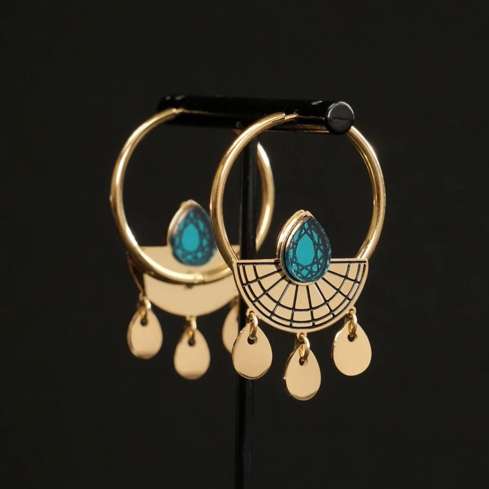 Sunburst Hoop Earrings  - Gold and Teal
