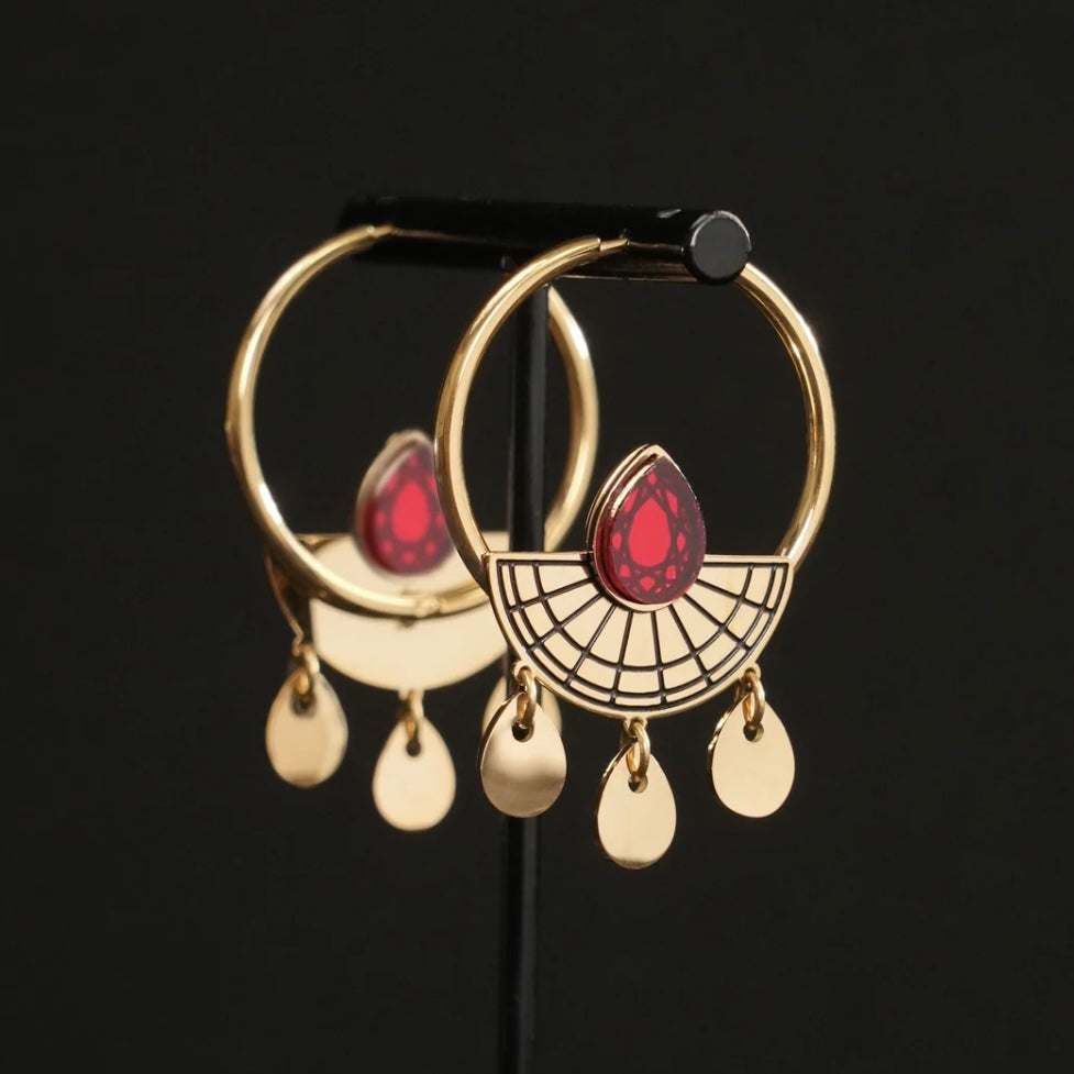 Sunburst Hoop Earrings - Gold and Ruby