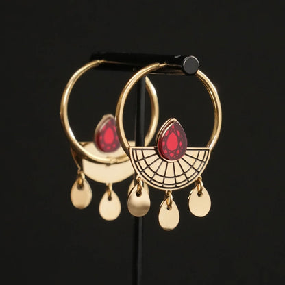 Sunburst Hoop Earrings - Gold and Ruby