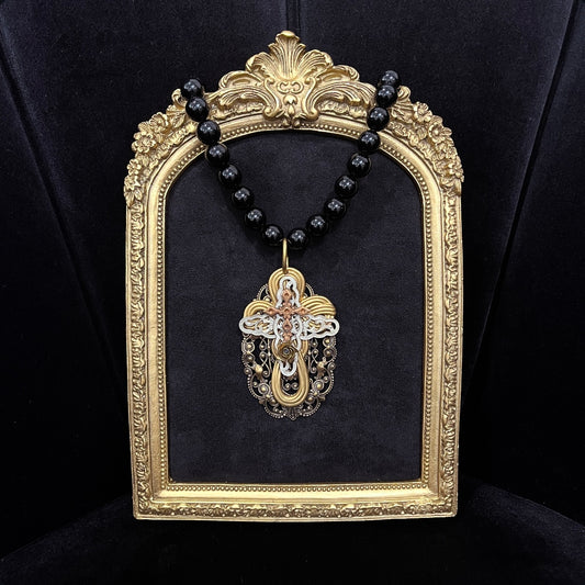 Sweet Confession Necklace - Golden Cross Trio On Black Onyx Beads
