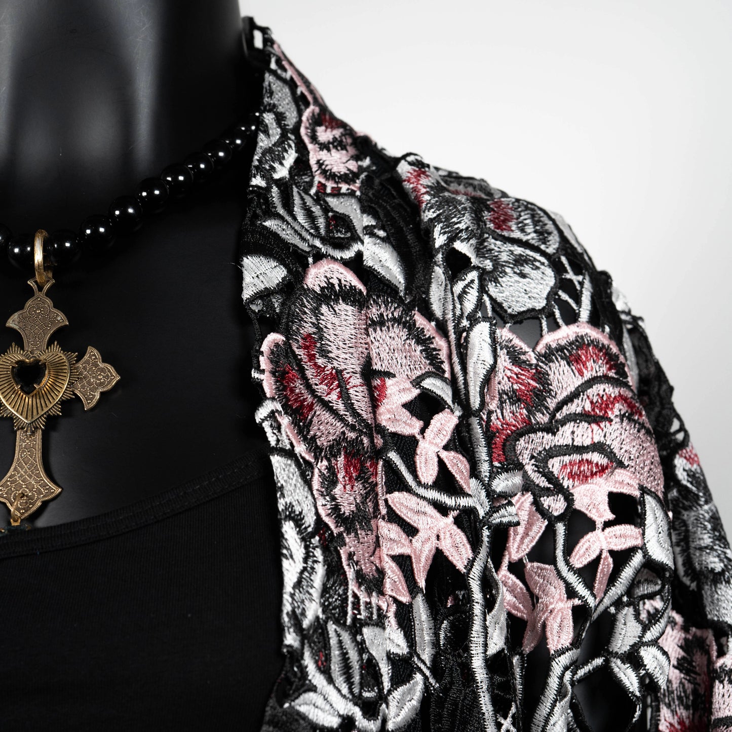 kimono style swing coat in pink floral guipure lace gold cross necklace on black onyx beads evening wear event wear made in Melbourne Eloise the label