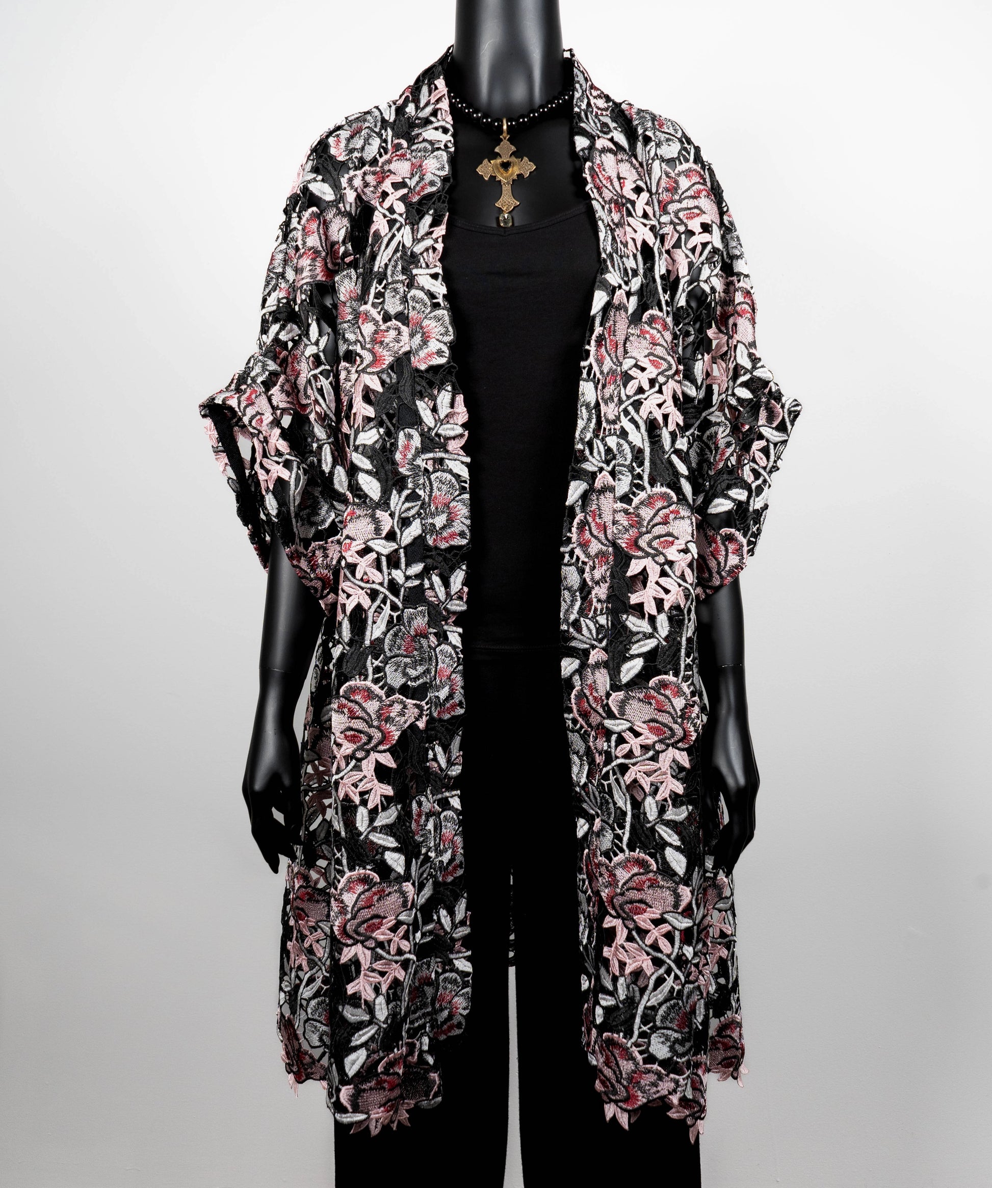 kimono style swing coat in pink floral guipure lace gold cross necklace on black onyx beads evening wear event wear made in Melbourne Eloise the label