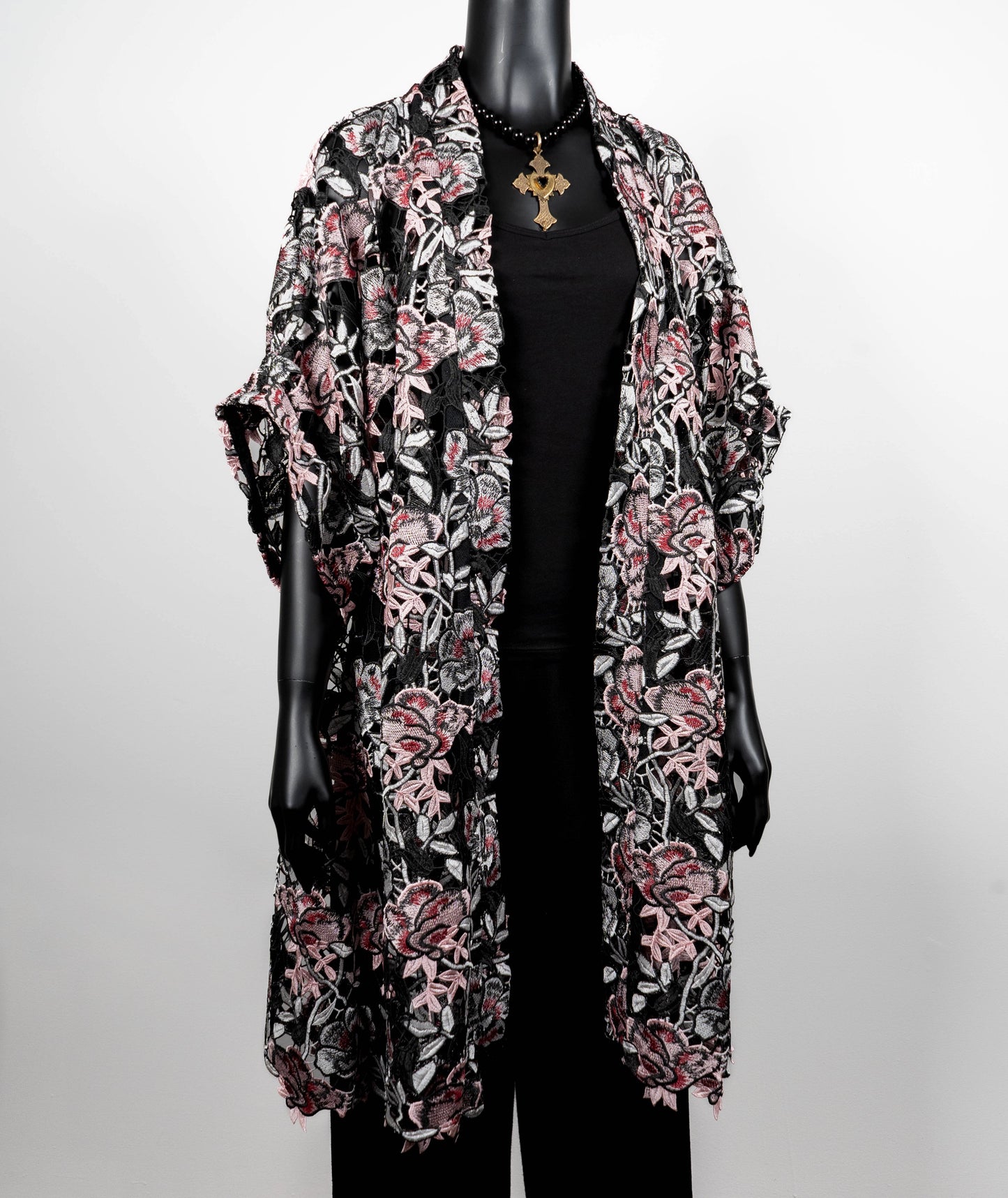 kimono style swing coat in pink floral guipure lace gold cross necklace on black onyx beads evening wear event wear made in Melbourne Eloise the label