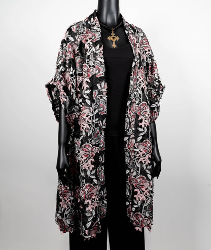kimono style swing coat in pink floral guipure lace gold cross necklace on black onyx beads evening wear event wear made in Melbourne Eloise the label