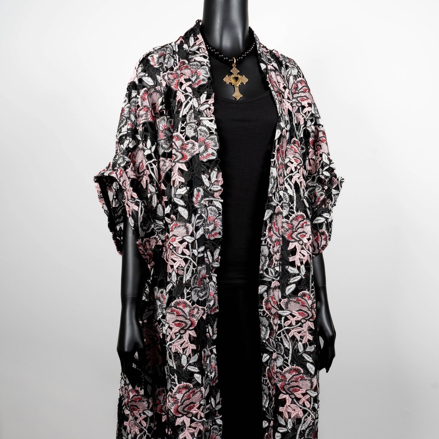 kimono style swing coat in pink floral guipure lace gold cross necklace on black onyx beads evening wear event wear made in Melbourne Eloise the label