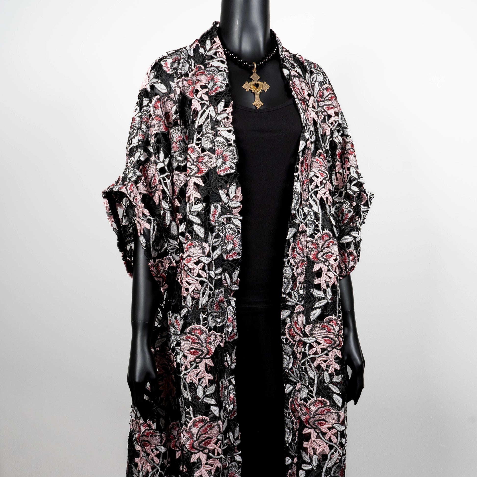 kimono style swing coat in pink floral guipure lace gold cross necklace on black onyx beads evening wear event wear made in Melbourne Eloise the label
