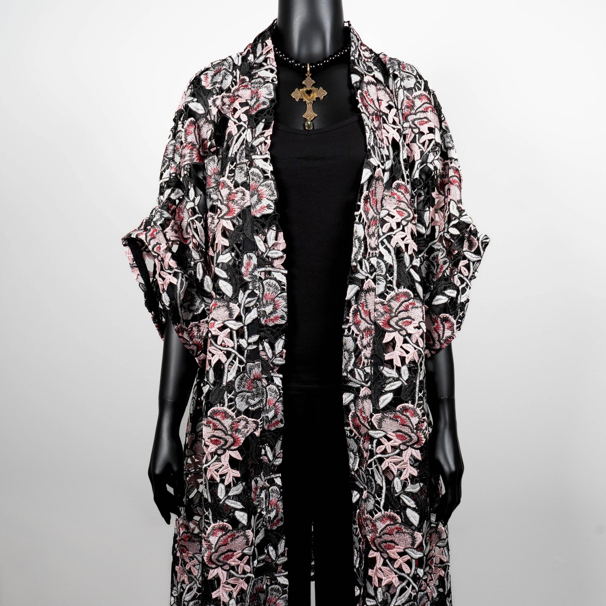 kimono style swing coat in pink floral guipure lace gold cross necklace on black onyx beads evening wear event wear made in Melbourne Eloise the label