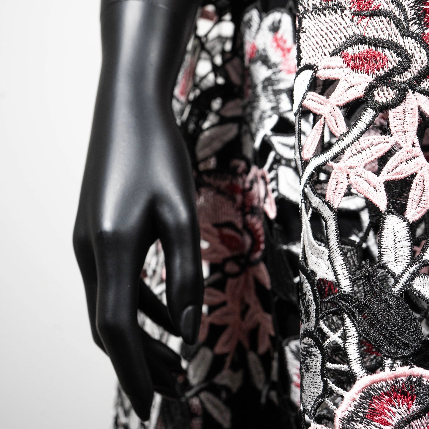 kimono style swing coat in pink floral guipure lace gold cross necklace on black onyx beads evening wear event wear made in Melbourne Eloise the label