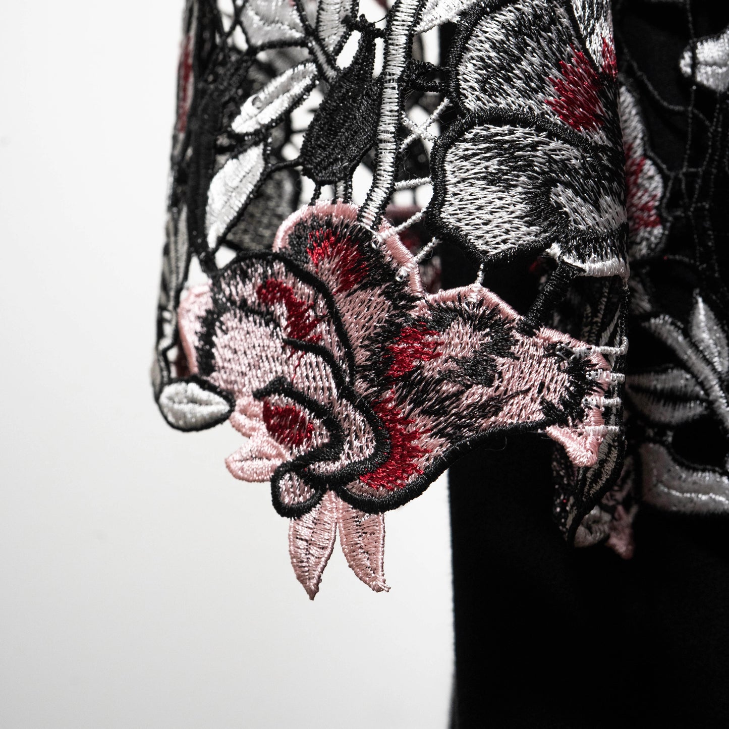 kimono style swing coat in pink floral guipure lace gold cross necklace on black onyx beads evening wear event wear made in Melbourne Eloise the label