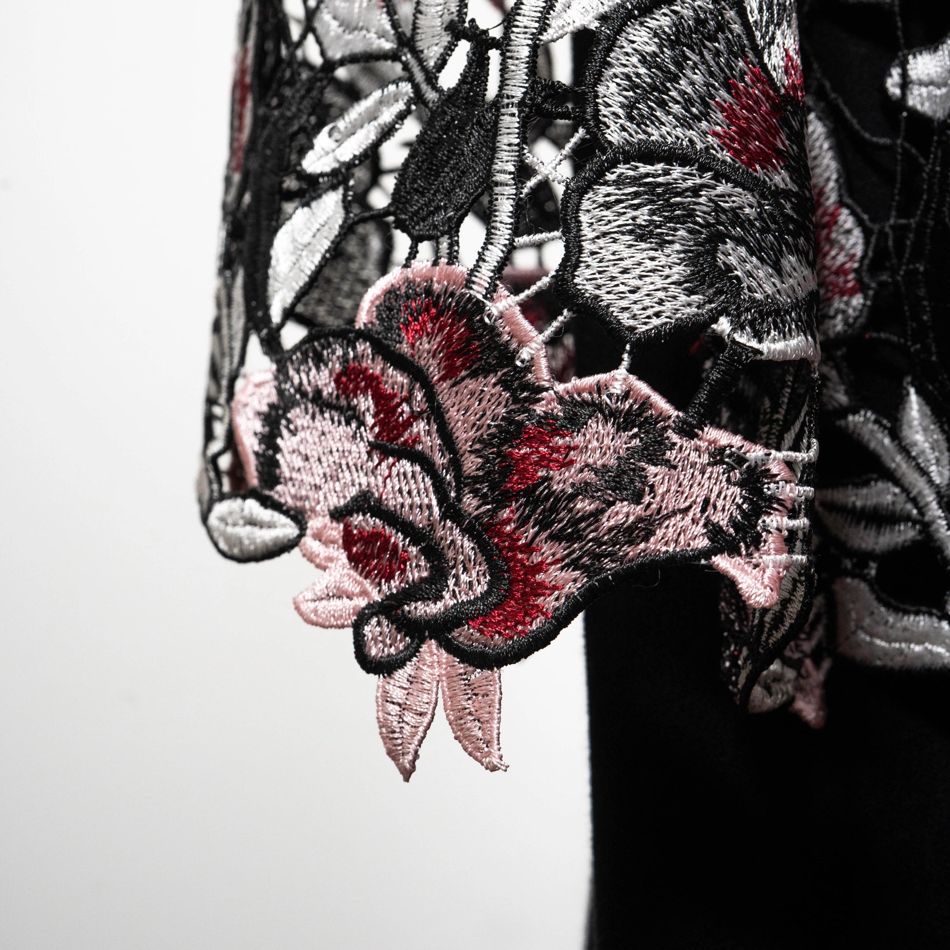 kimono style swing coat in pink floral guipure lace gold cross necklace on black onyx beads evening wear event wear made in Melbourne Eloise the label