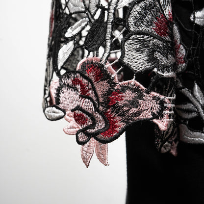kimono style swing coat in pink floral guipure lace gold cross necklace on black onyx beads evening wear event wear made in Melbourne Eloise the label