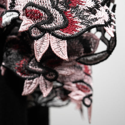 kimono style swing coat in pink floral guipure lace gold cross necklace on black onyx beads evening wear event wear made in Melbourne Eloise the label