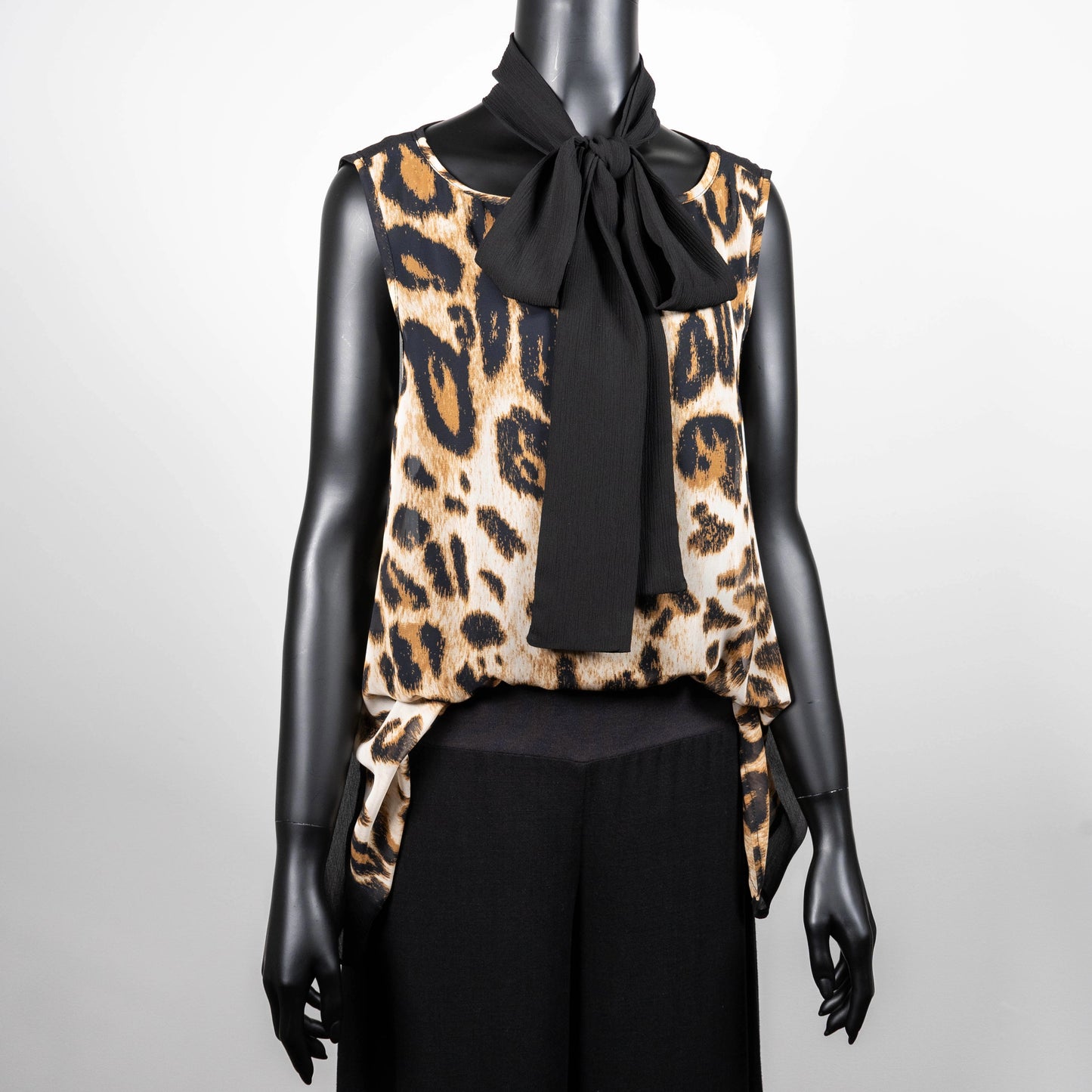 Leopard print swing top with black pussy bow wide leg linen pant made in Melbourne