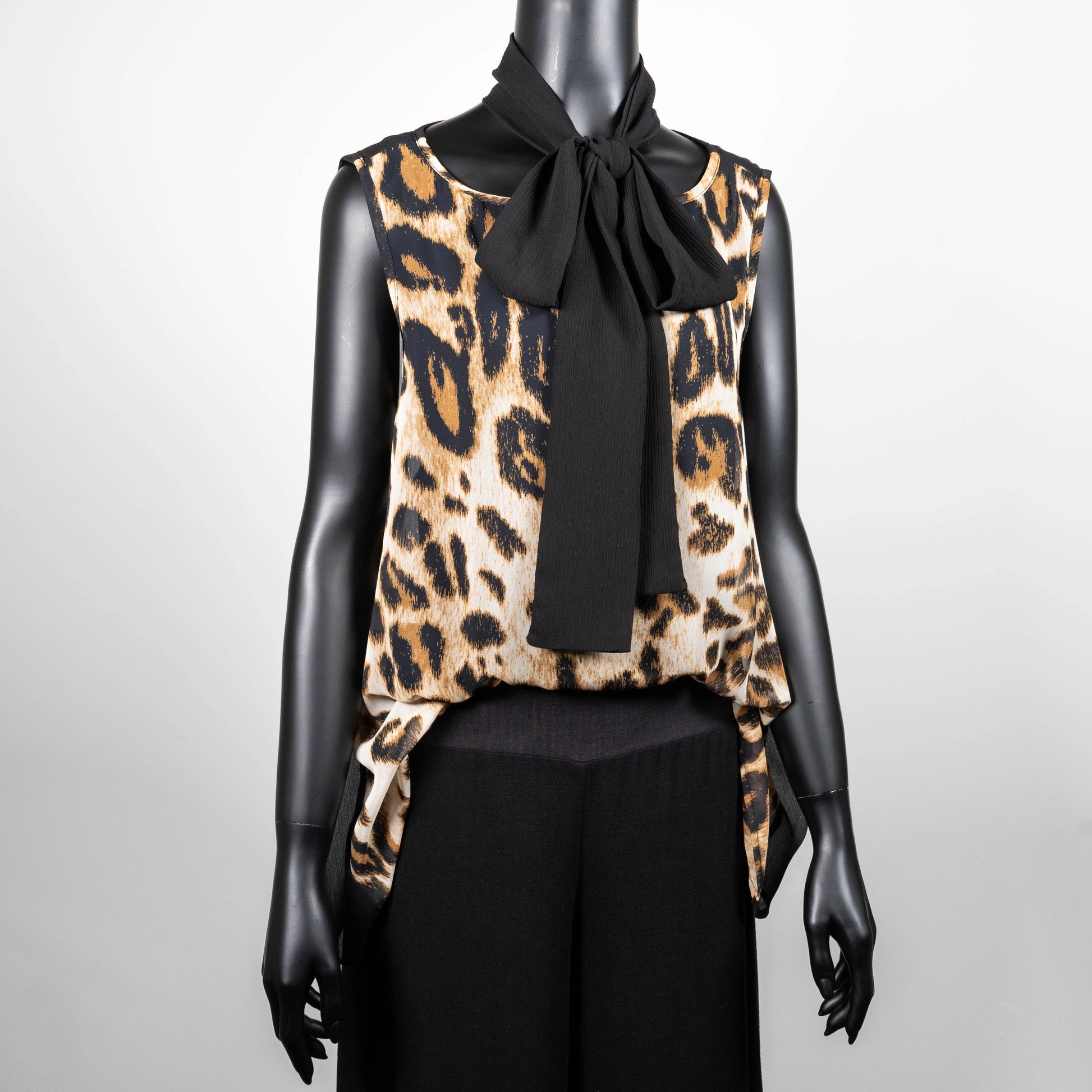 Leopard print swing top with black pussy bow wide leg linen pant made in Melbourne