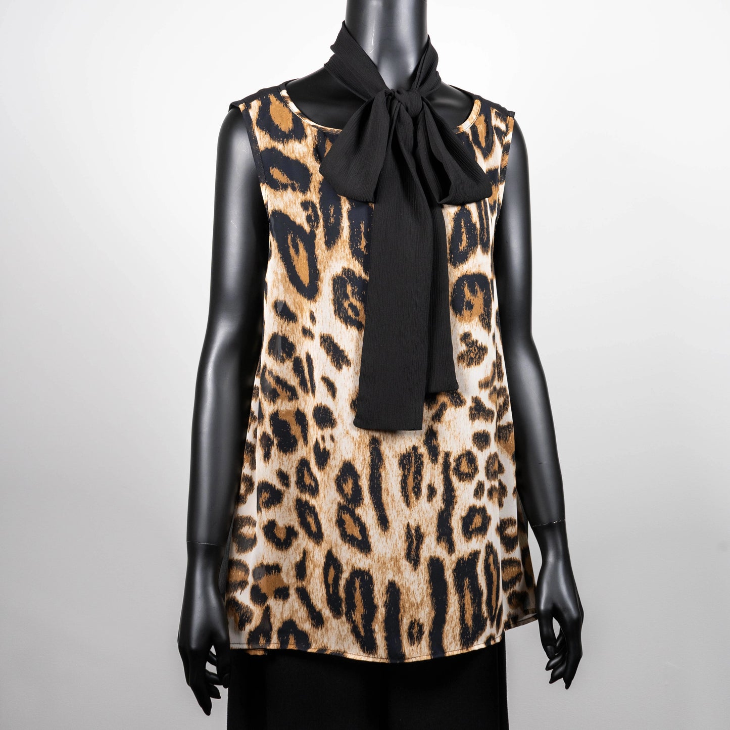 Leopard print swing top with black pussy bow wide leg linen pant made in Melbourne