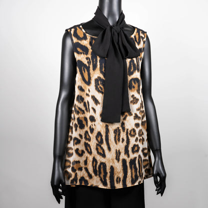 Leopard print swing top with black pussy bow wide leg linen pant made in Melbourne