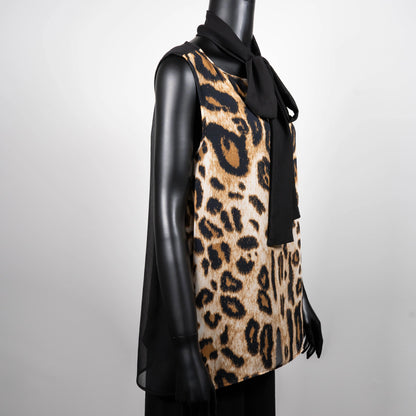 Leopard print swing top with black pussy bow wide leg linen pant made in Melbourne