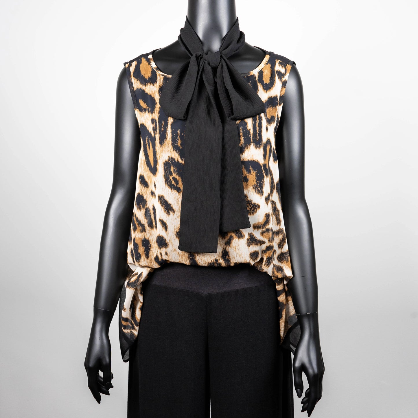 Leopard print swing top with black pussy bow wide leg linen pant made in Melbourne
