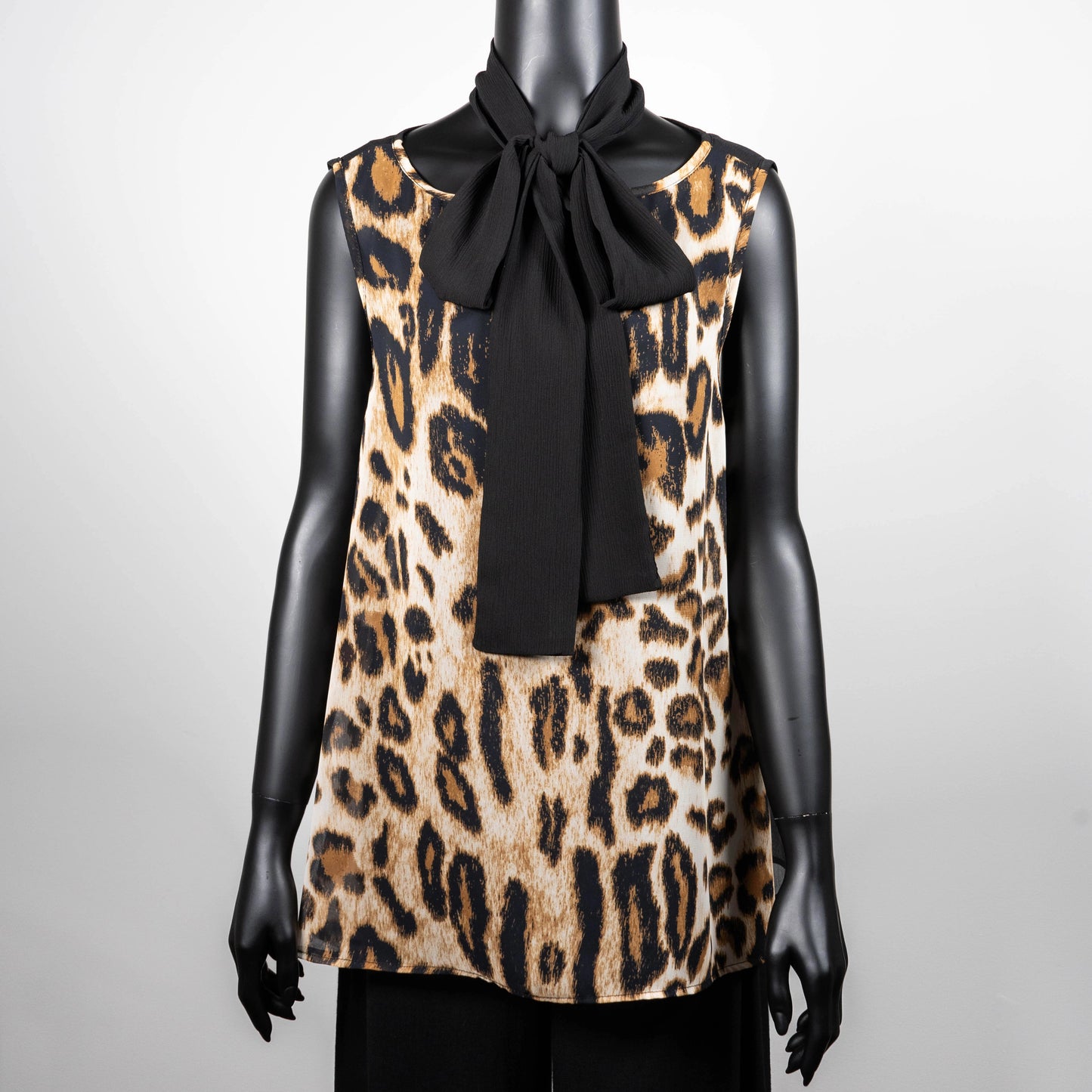 Leopard print swing top with black pussy bow wide leg linen pant made in Melbourne