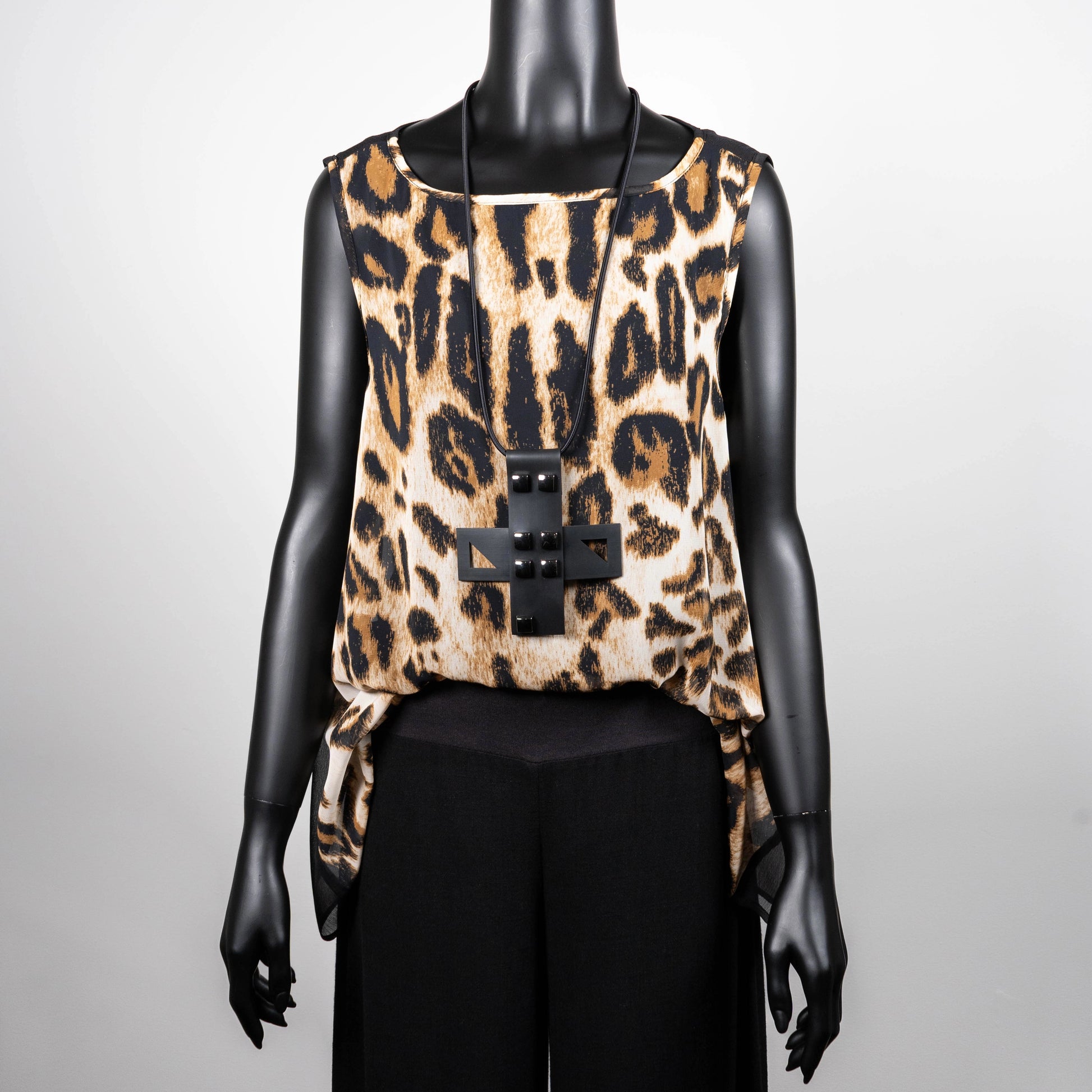 Leopard print swing top with black pussy bow wide leg linen pant made in Melbourne