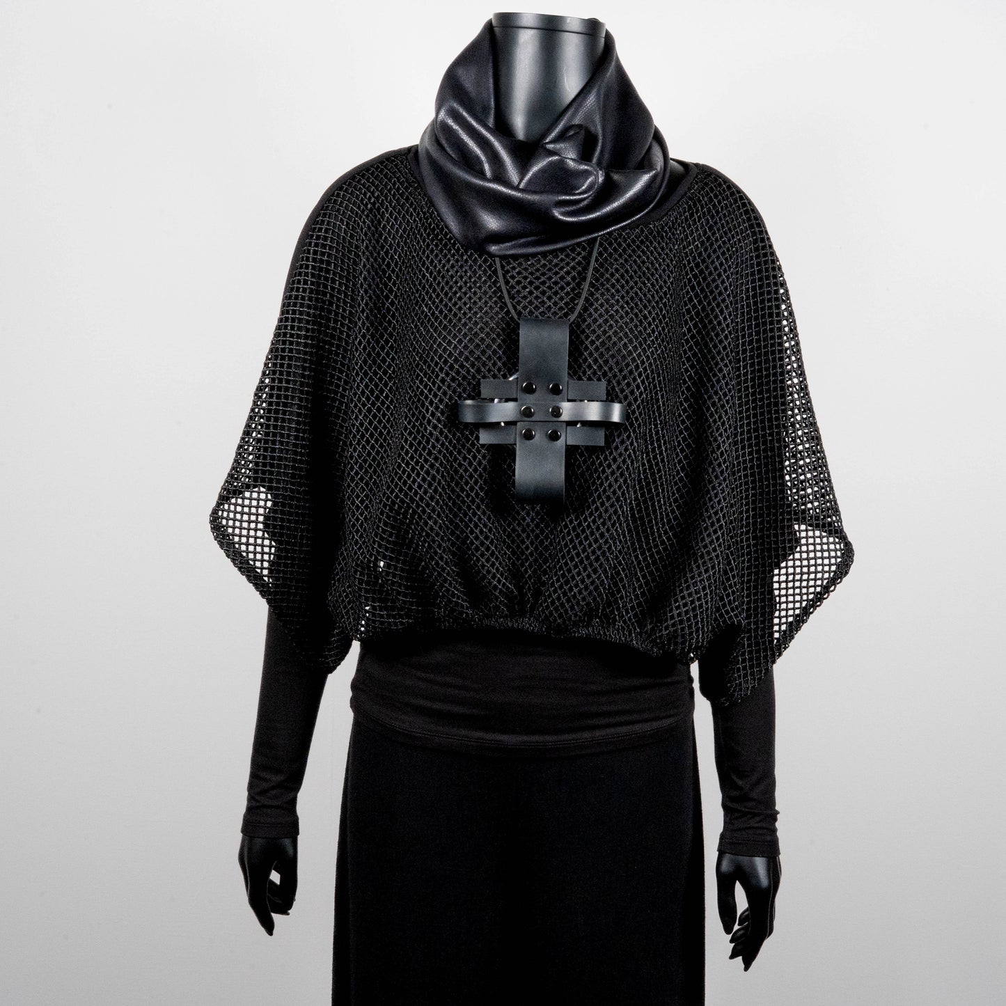 Black mesh top with bat wing sleeves and gathered hemline black rubber cross necklace made in Melbourne Eloise the label