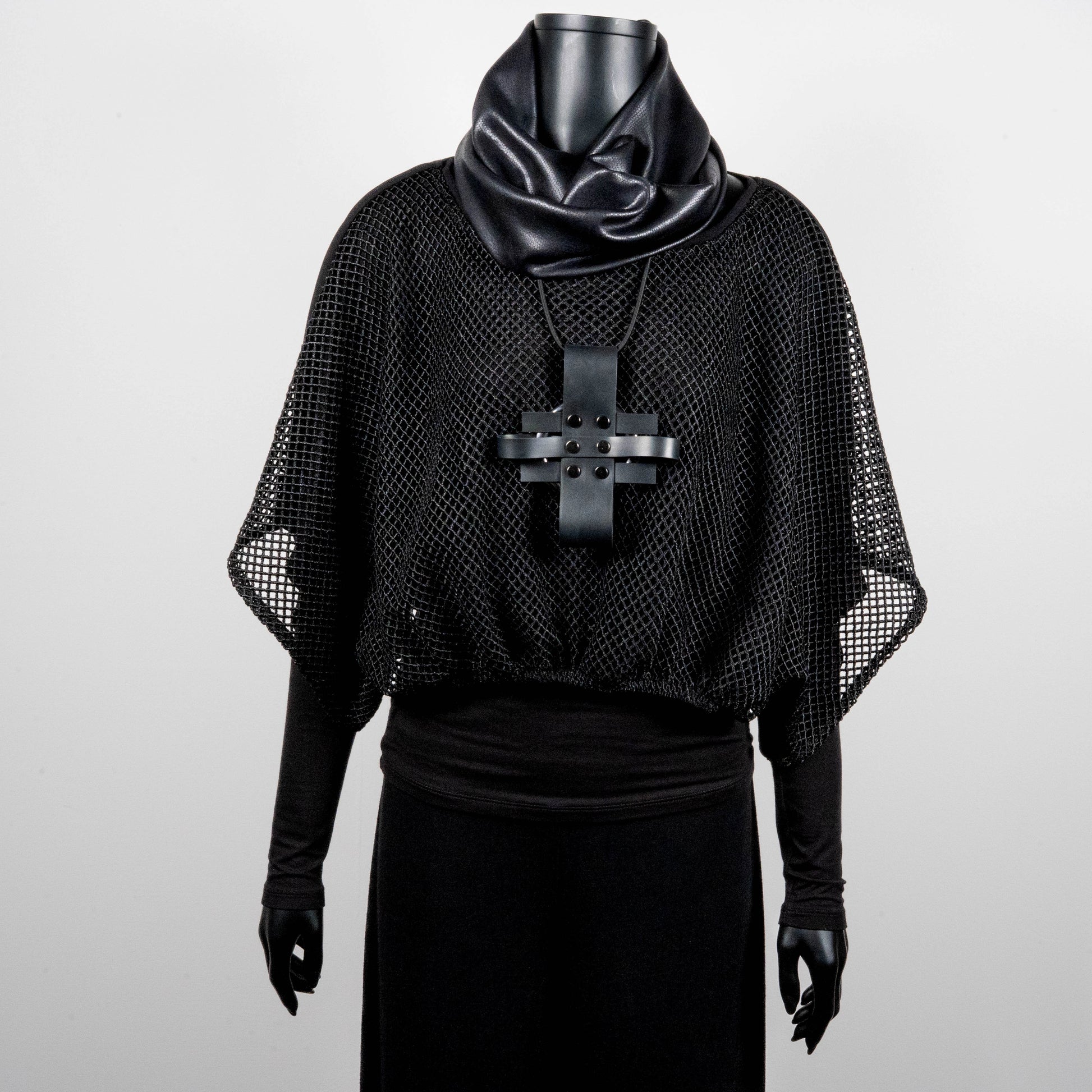 Black mesh top with bat wing sleeves and gathered hemline black rubber cross necklace made in Melbourne Eloise the label