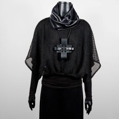Black mesh top with bat wing sleeves and gathered hemline black rubber cross necklace made in Melbourne Eloise the label