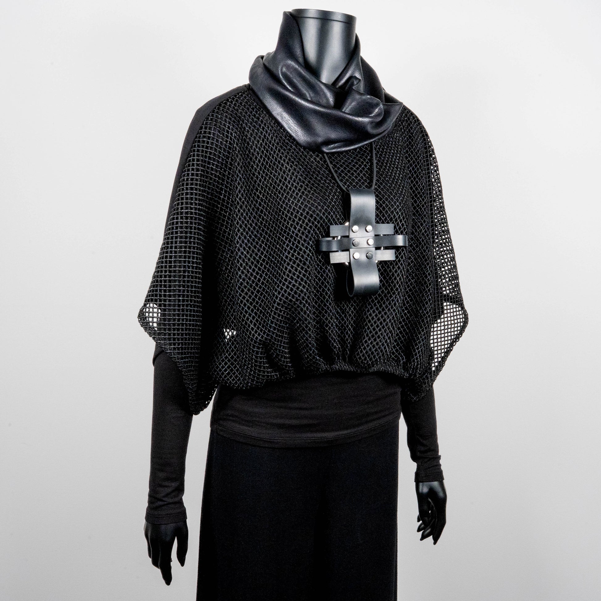 Black mesh top with bat wing sleeves and gathered hemline black rubber cross necklace faux leather loop scarf made in Melbourne Eloise the label