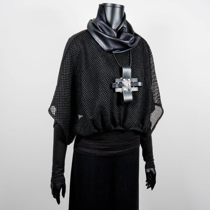 Black mesh top with bat wing sleeves and gathered hemline black rubber cross necklace faux leather loop scarf made in Melbourne Eloise the label
