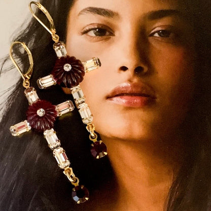 Treasure Cross Earrings - Vintage Garnet And Cut Crystal