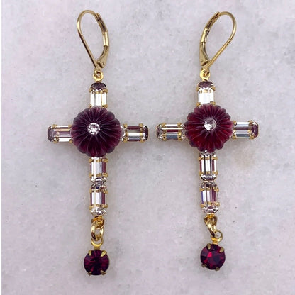 Treasure Cross Earrings - Vintage Garnet And Cut Crystal