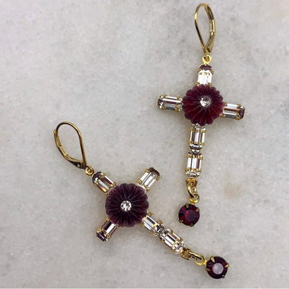 Treasure Cross Earrings - Vintage Garnet And Cut Crystal