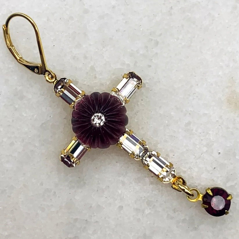 Treasure Cross Earrings - Vintage Garnet And Cut Crystal