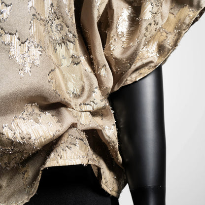 Gold floral organza top with high collar and 3/4 sleeve. Evening top. Eloise the label.