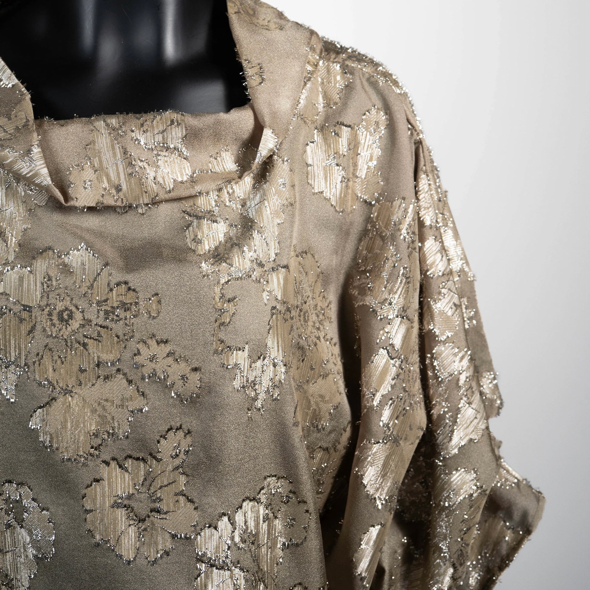 Gold floral organza top with high collar and 3/4 sleeve. Evening top. Eloise the label.