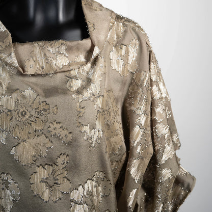 Gold floral organza top with high collar and 3/4 sleeve. Evening top. Eloise the label.