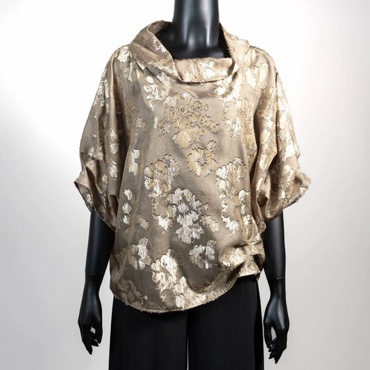 Gold floral organza top with high collar and 3/4 sleeve. Evening top. Eloise the label.