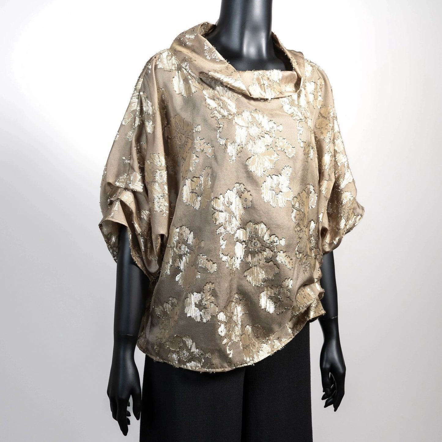 Gold floral organza top with high collar and 3/4 sleeve. Evening top. Eloise the label.