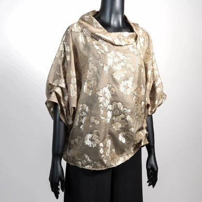 Gold floral organza top with high collar and 3/4 sleeve. Evening top. Eloise the label.