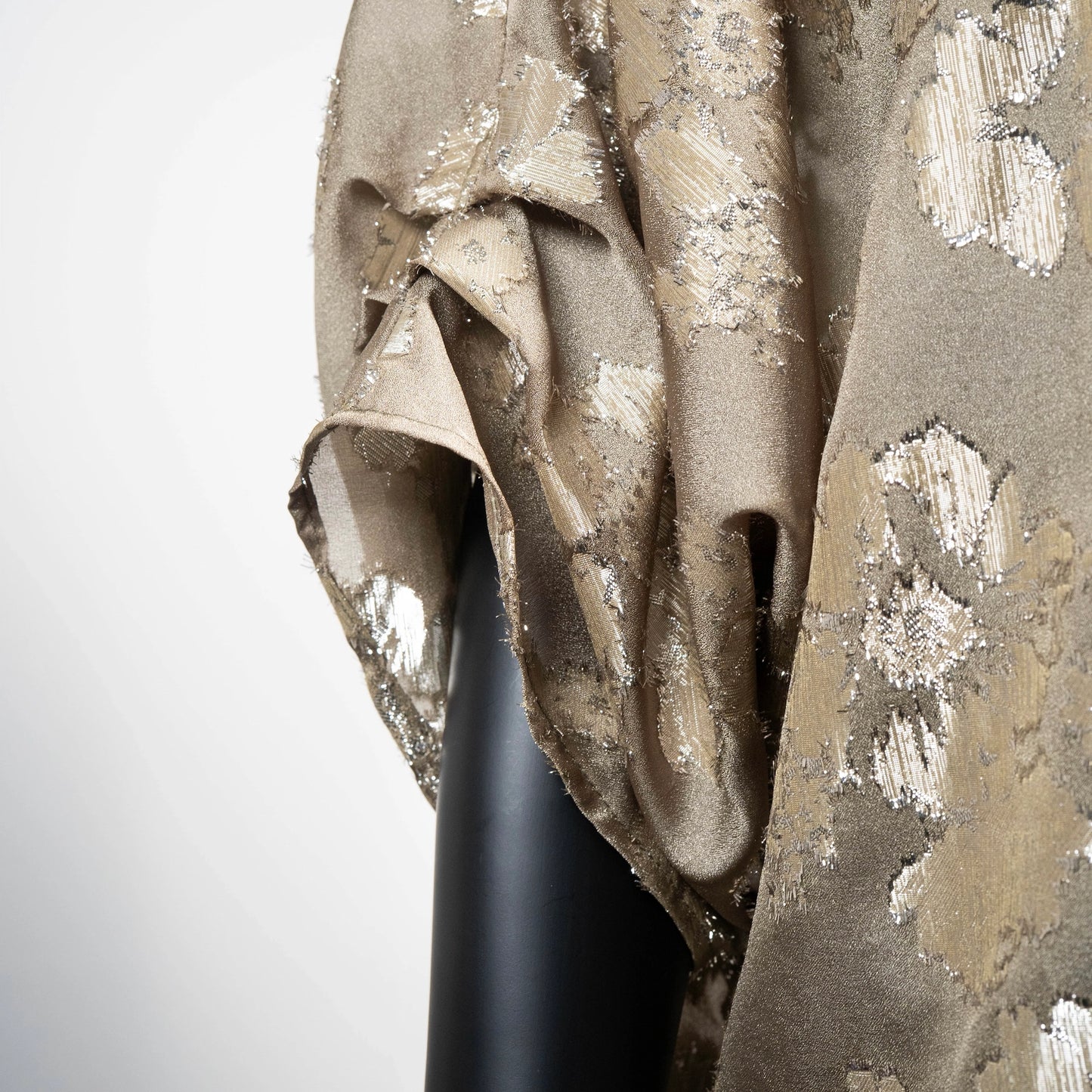 Gold floral organza top with high collar and 3/4 sleeve. Evening top. Eloise the label.